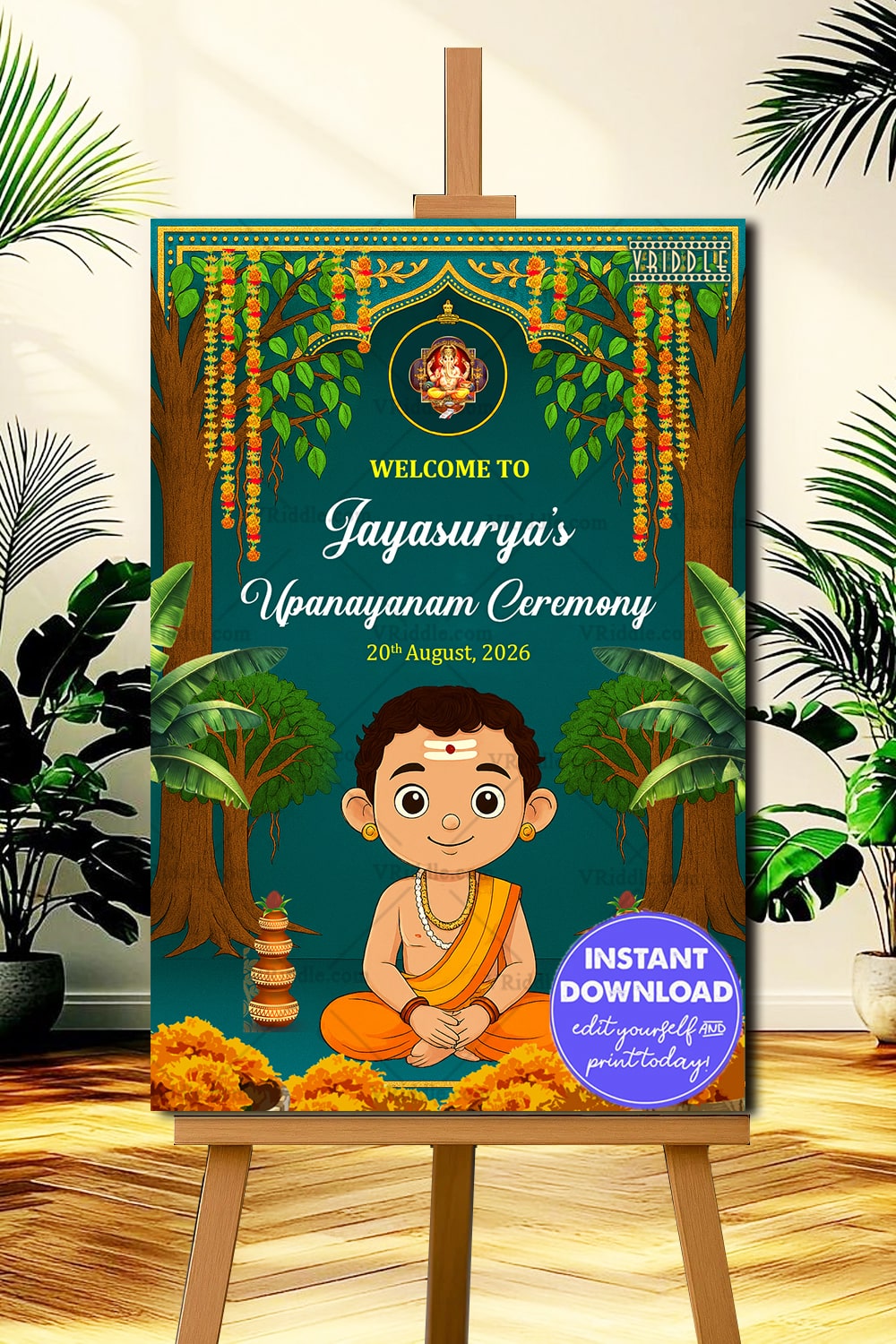 Radiating Cultural Upanayanam Ceremony Welcome Board with Cute Boy Illustration & Marigold Charm