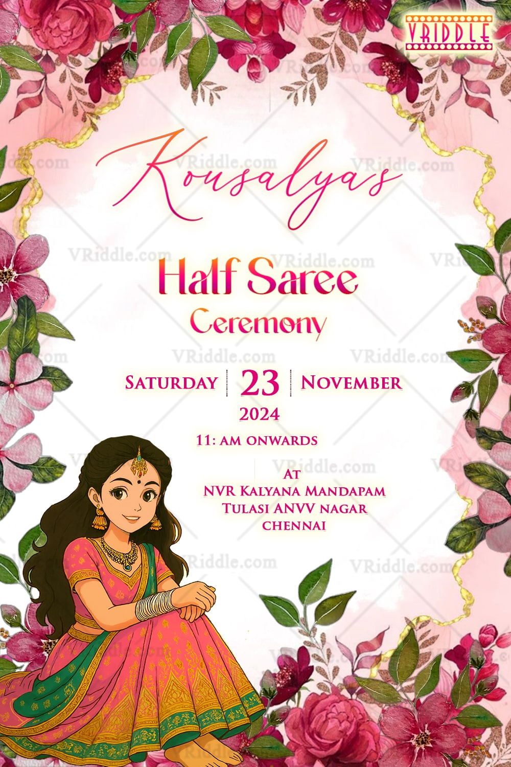 Whimsical Ghibli Half Saree Ceremony Invitation with Pink Floral Elegance and Lush Greens Frames