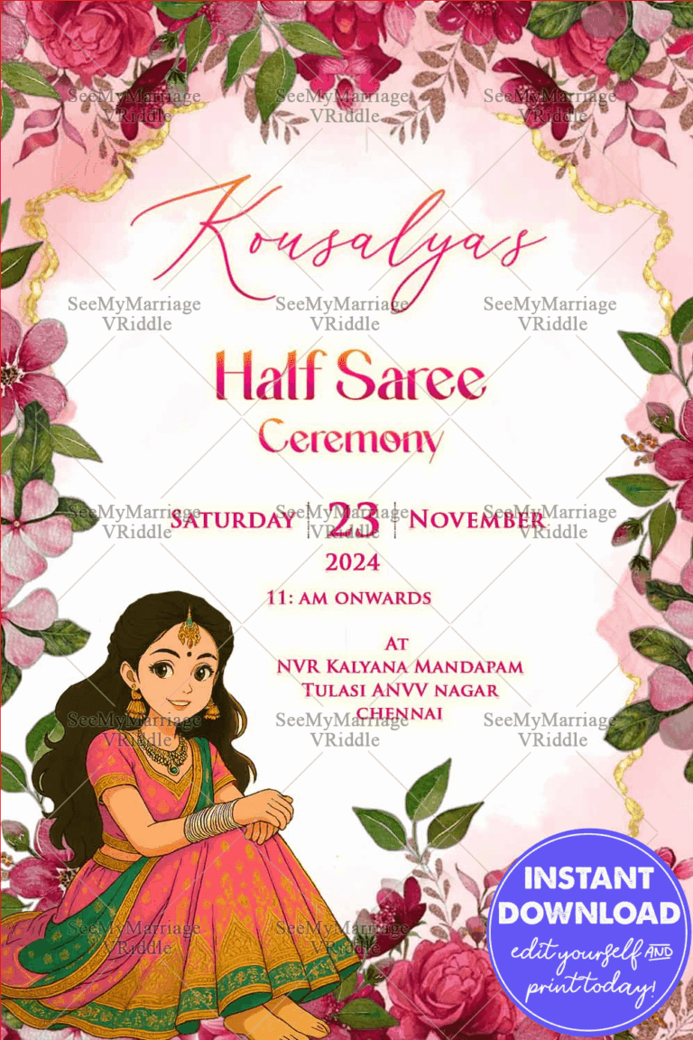 Whimsical Ghibli Half Saree Ceremony Invitation with Pink Floral Elegance and Lush Greens Frames