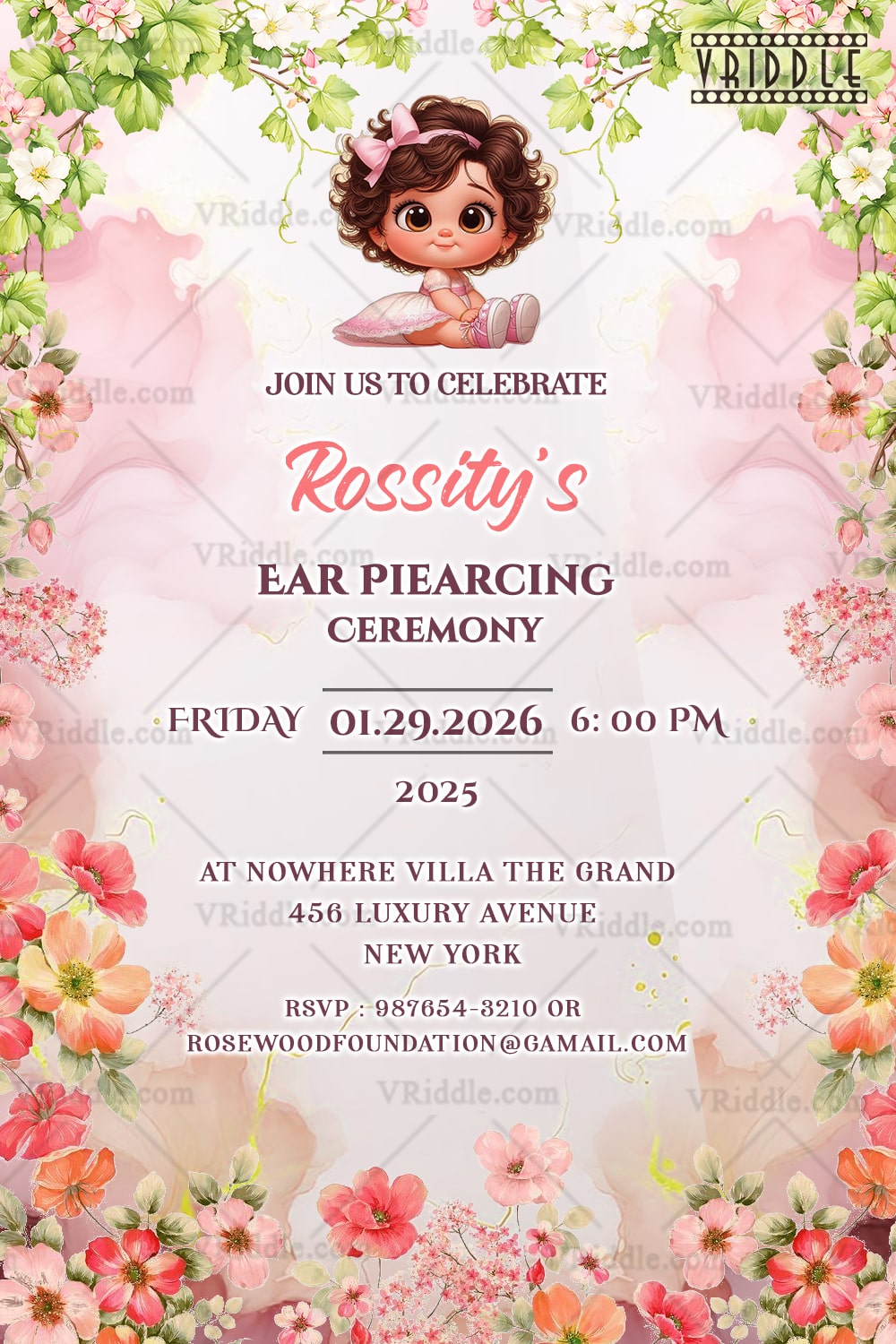 Whimsical Pink Blossom Ear Piercing Ceremony Invitation with Cute Baby Illustration & Floral Watercolor Frame