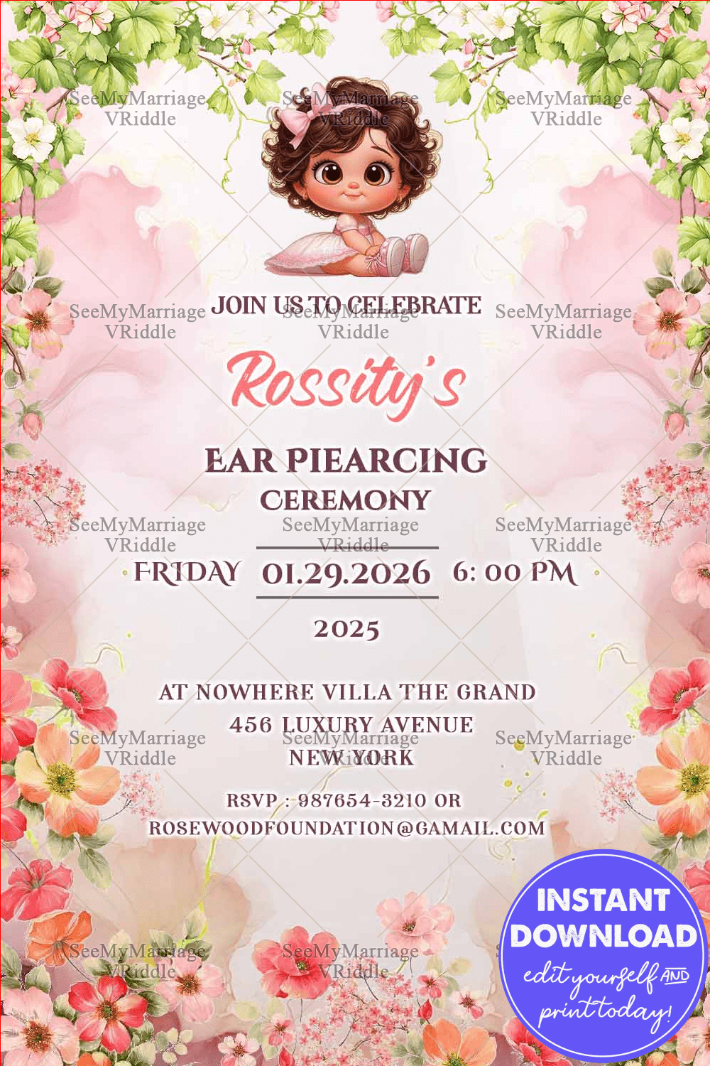 Whimsical Pink Blossom Ear Piercing Ceremony Invitation with Cute Baby Illustration & Floral Watercolor Frame
