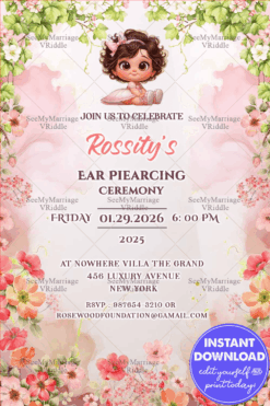 Whimsical Pink Blossom Ear Piercing Ceremony Invitation with Cute Baby Illustration & Floral Watercolor Frame
