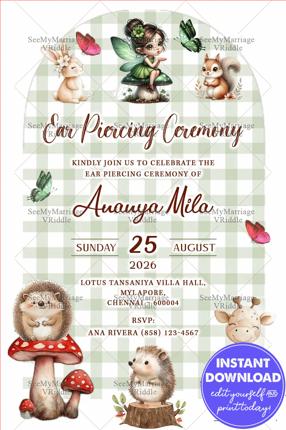 Whimsical Woodland Ear Piercing Ceremony Invitation with Animals and Fairy Girl in Charming Green Gingham Background