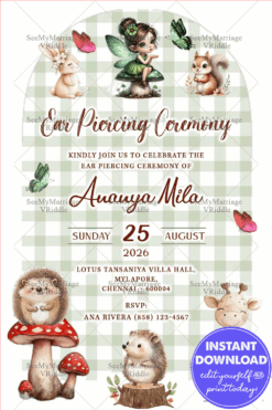 Whimsical Woodland Ear Piercing Ceremony Invitation with Animals and Fairy Girl in Charming Green Gingham Background