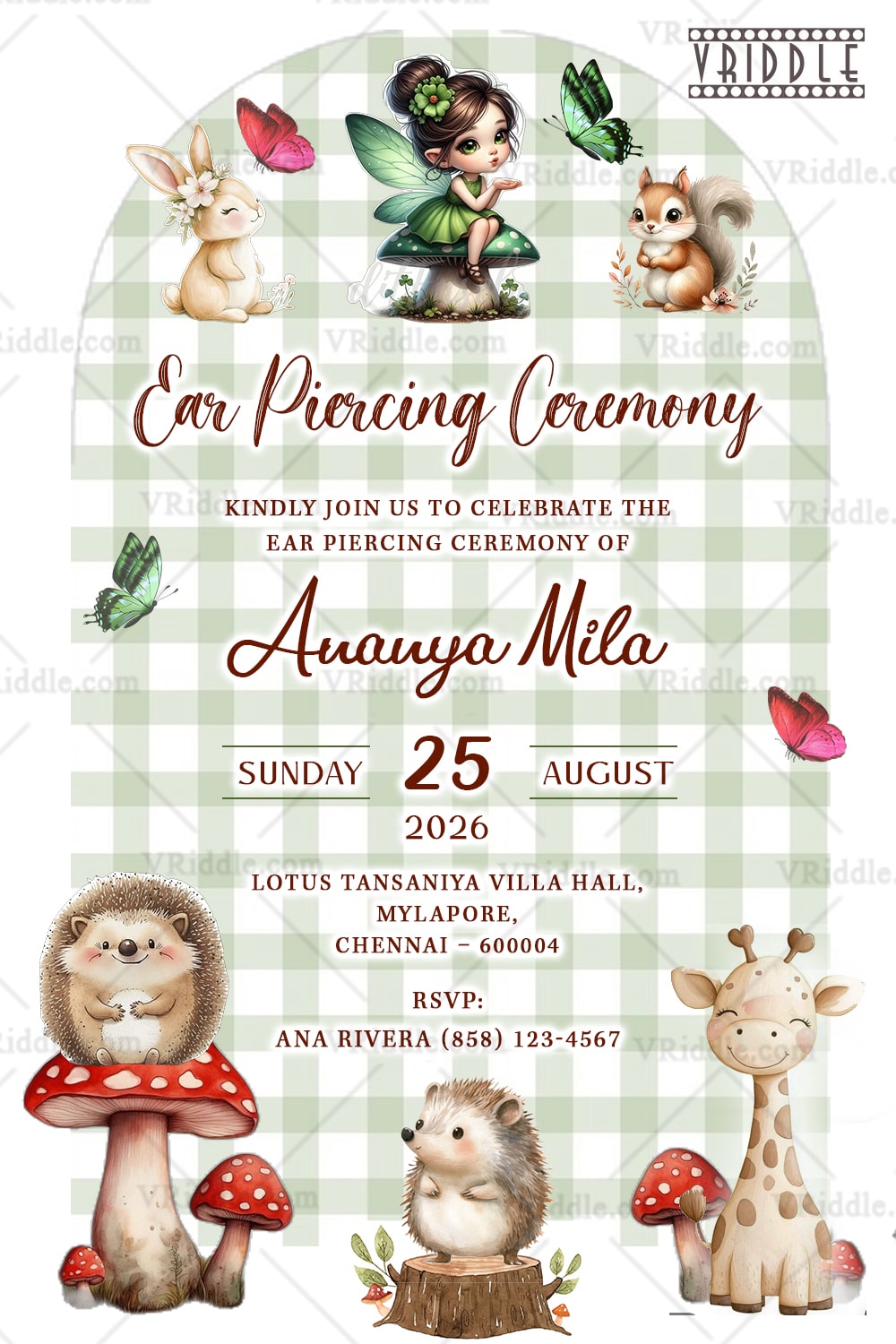Whimsical Woodland Ear Piercing Ceremony Invitation with Animals and Fairy Girl in Charming Green Gingham Background