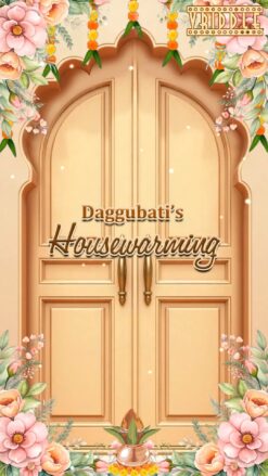 Wooden Door Housewarming Satyanarayana Swamy Vratam Invitation Video with Lord Ganesha, Cow and Lotus Accents