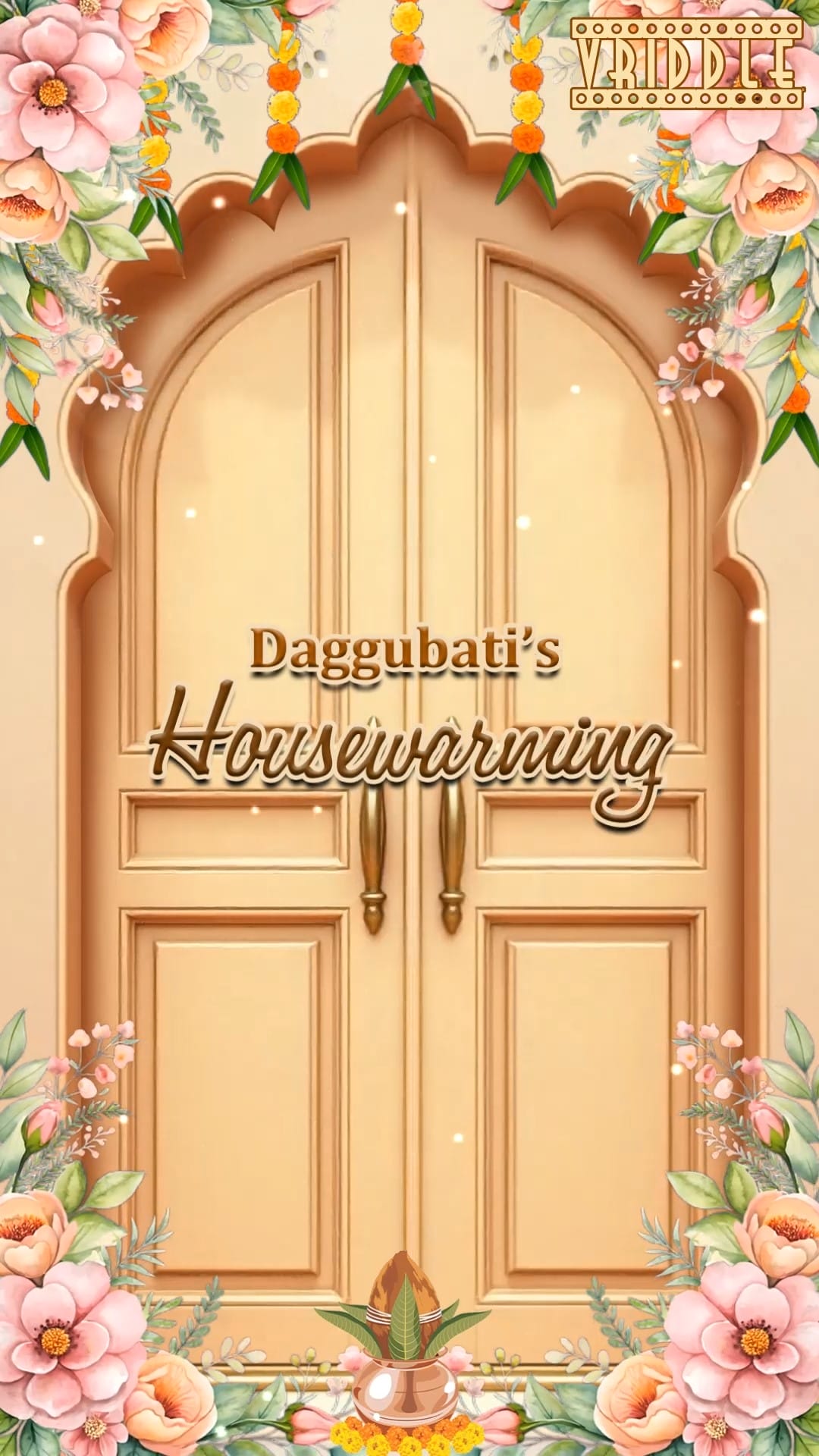 Wooden Door Housewarming Satyanarayana Swamy Vratam Invitation Video with Lord Ganesha, Cow and Lotus Accents