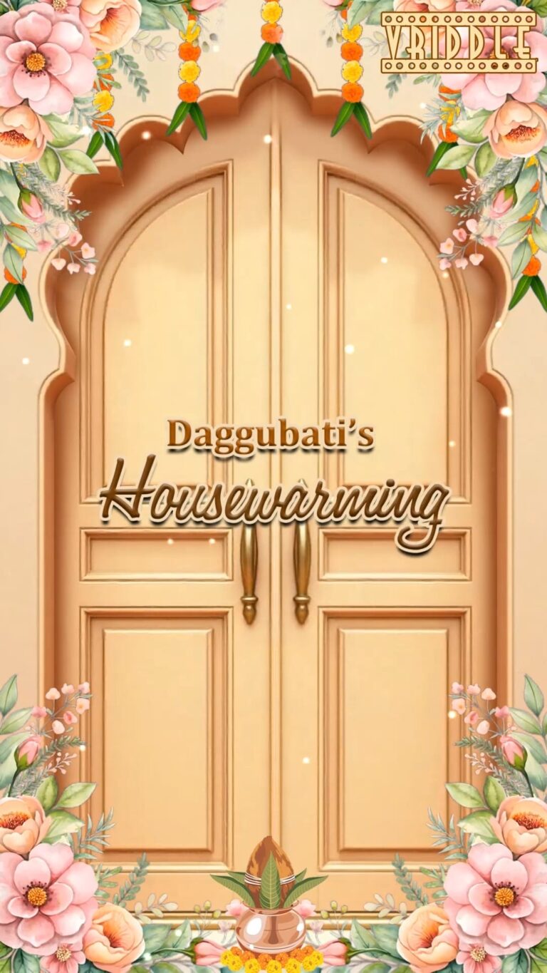 Wooden Door Housewarming Satyanarayana Swamy Vratam Invitation Video with Lord Ganesha, Cow and Lotus Accents