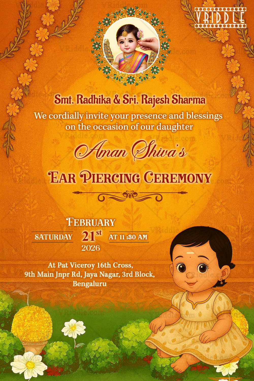 Divine Blessings Ear Piercing Ceremony Invitation with Baby Illustration with vibrant flowers in temple-themed design BG with Add photo Option