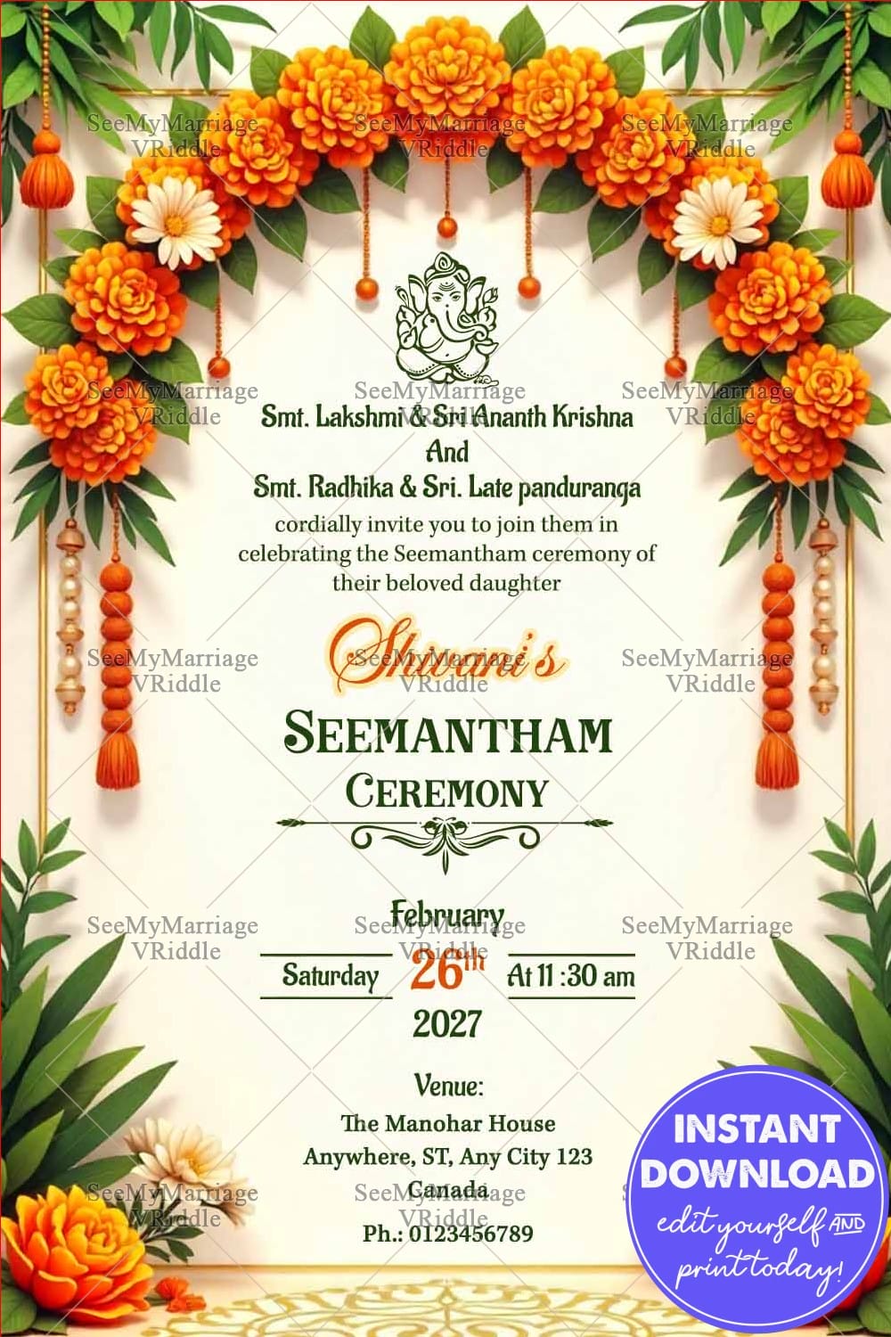 Marigold Flower Seemantham Invitation Card with Garland Decor