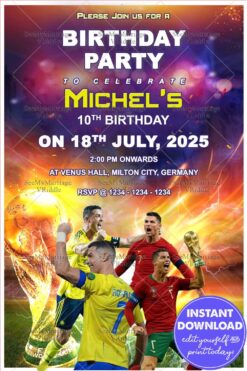Cristiano Ronaldo Theme Birthday Invitation Card with Football Legends and World Cup Design