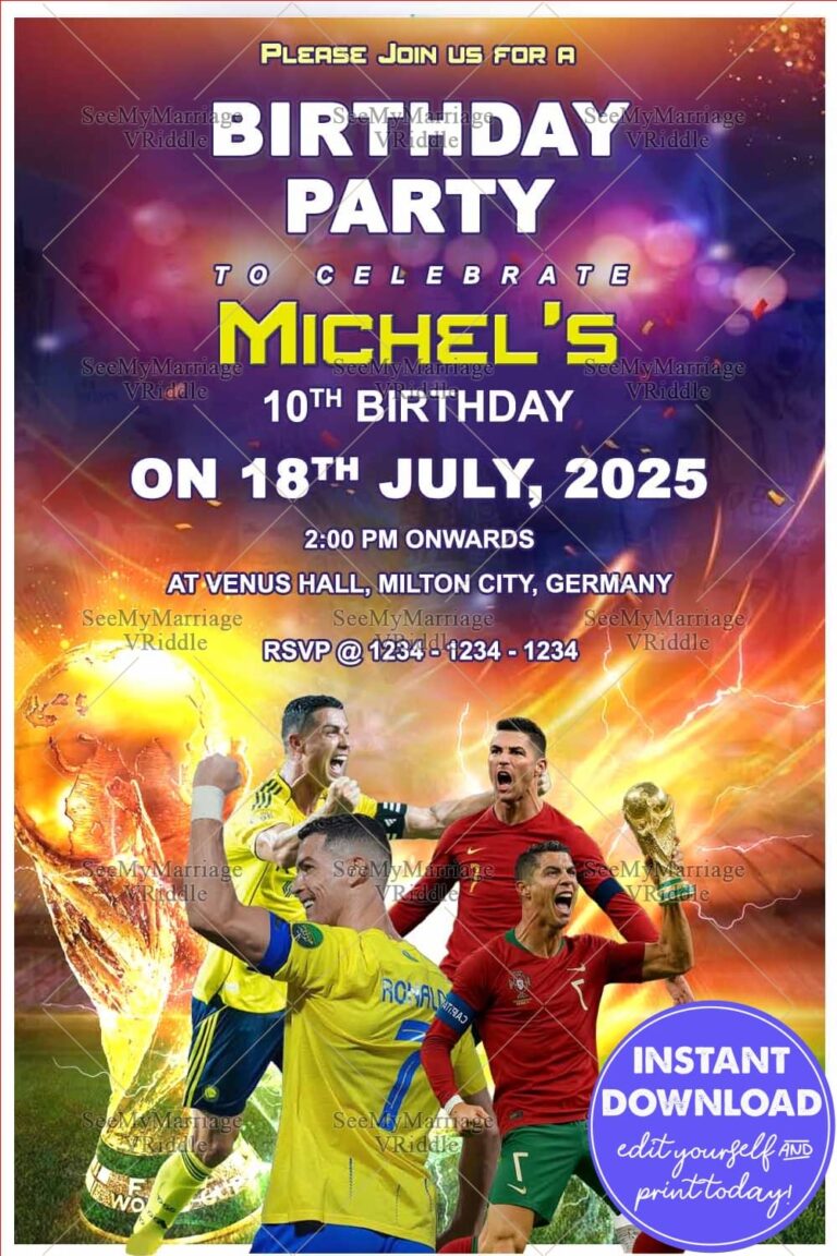 Cristiano Ronaldo Theme Birthday Invitation Card with Football Legends and World Cup Design