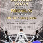 Ronaldo Trio Birthday Invitation Card with Football Stadium Theme