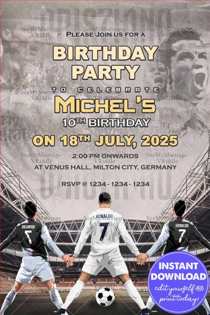 Ronaldo Trio Birthday Invitation Card with Football Stadium Theme