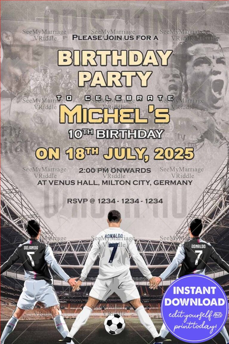 Ronaldo Trio Birthday Invitation Card with Football Stadium Theme