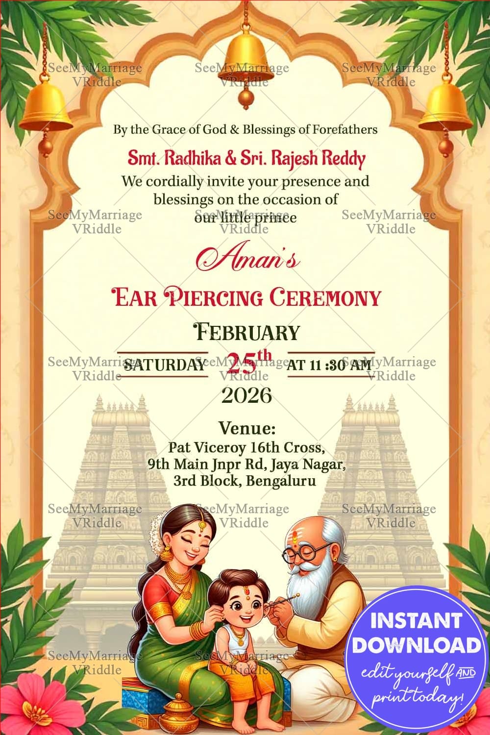 Temple Illustration Traditional Ear Piercing Ceremony Invitation Card with Baby Boy and Hindu Ritual Elements