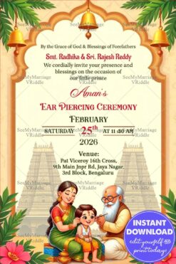 Temple Illustration Traditional Ear Piercing Ceremony Invitation Card with Baby Boy and Hindu Ritual Elements