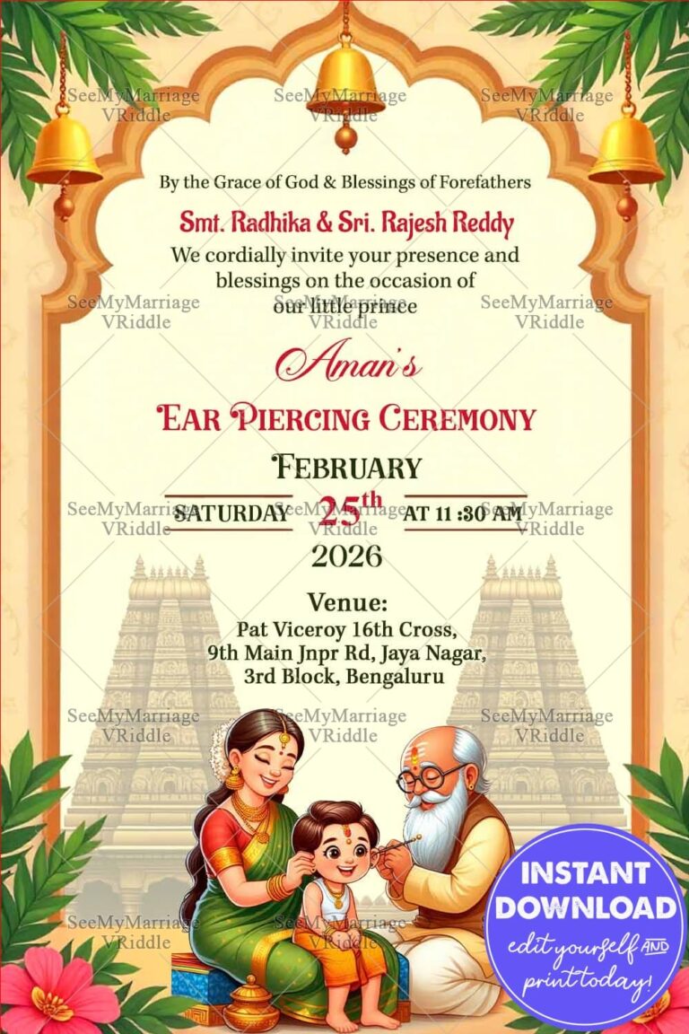Temple Illustration Traditional Ear Piercing Ceremony Invitation Card with Baby Boy and Hindu Ritual Elements