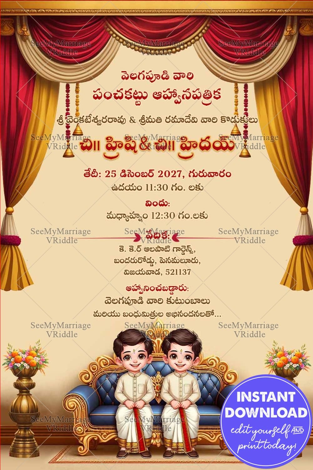 Sofa Twin Boys Telugu Panchakattu Invitation Card with Red curtains Background