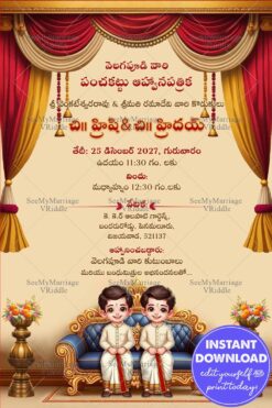 Sofa Twin Boys Telugu Panchakattu Invitation Card with Red curtains Background