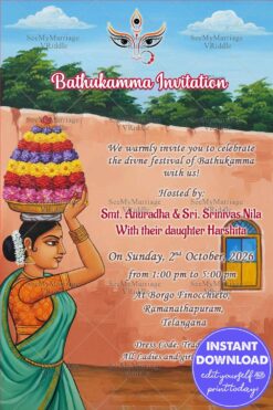 Festivity Traditional Bathukamma Invitation Card with Telangana Theme