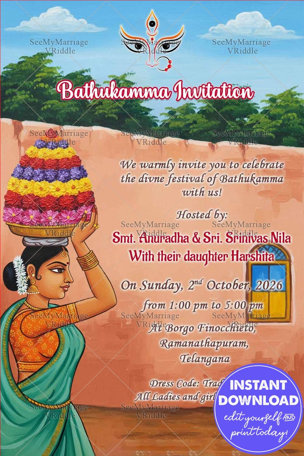 Festivity Traditional Bathukamma Invitation Card with Telangana Theme