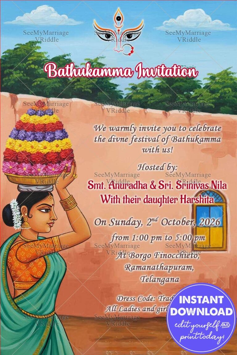 Festivity Traditional Bathukamma Invitation Card with Telangana Theme