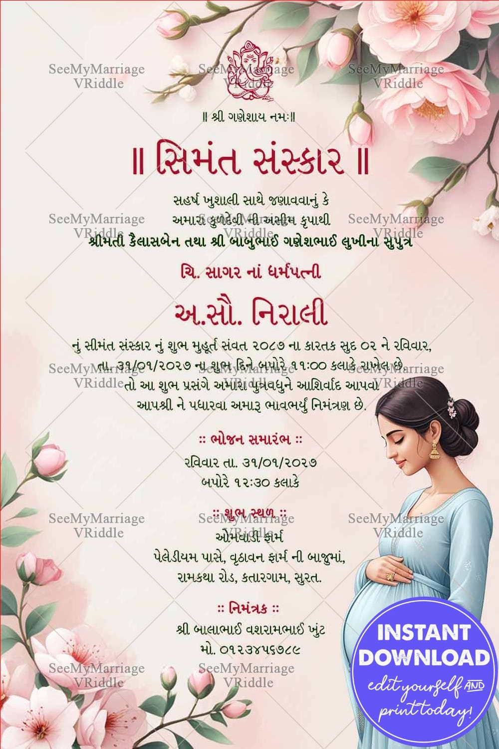 Seemant Sanskar Invitation Card in Gujarati with Floral Art & Mom-to-Be Illustration
