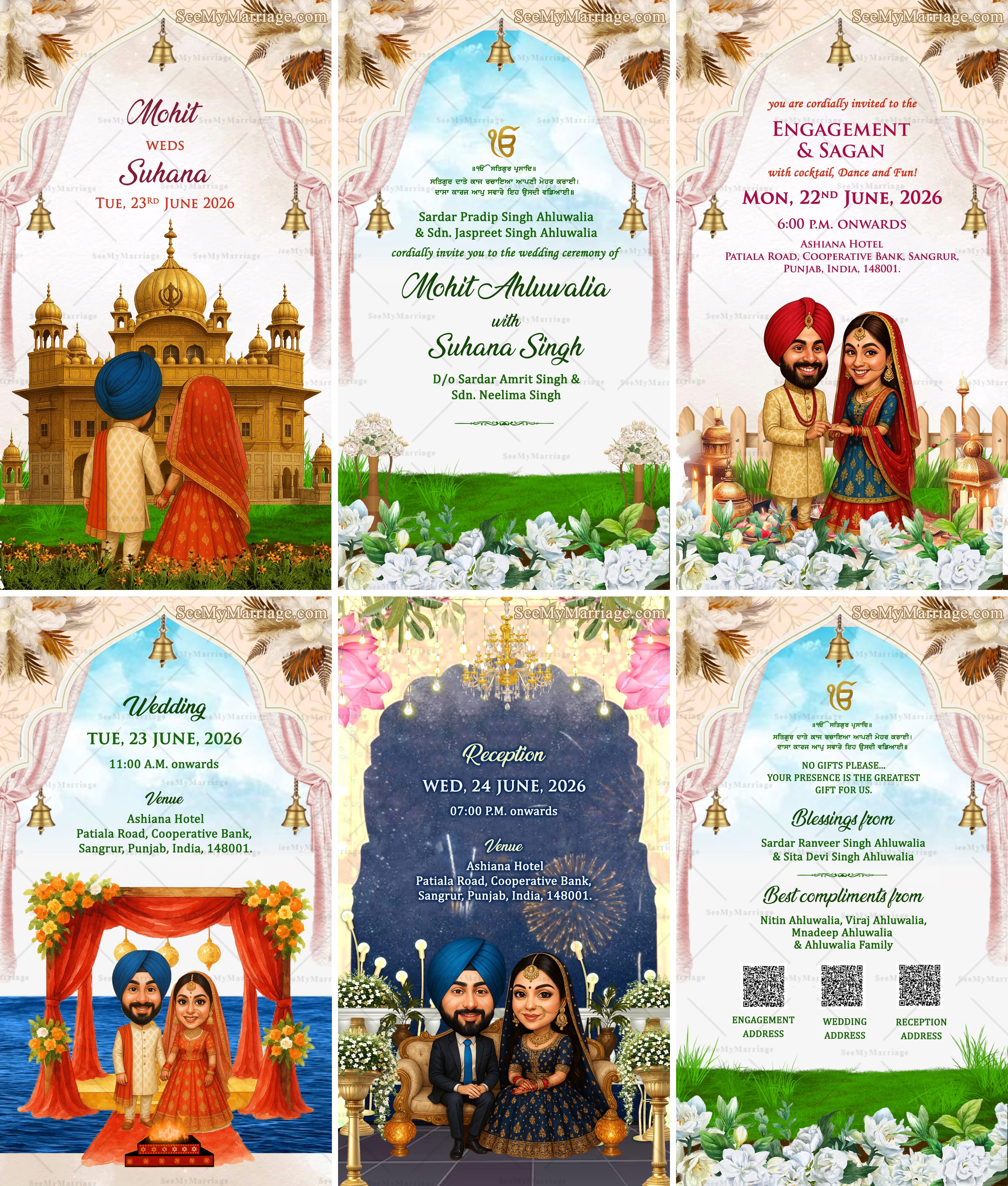 Animated Illustrations PDF Sikh Wedding Invitation with Traditional Punjabi Design, Golden Temple and Engagement, Reception