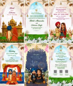 Animated Illustrations PDF Sikh Wedding Invitation with Traditional Punjabi Design, Golden Temple and Engagement, Reception