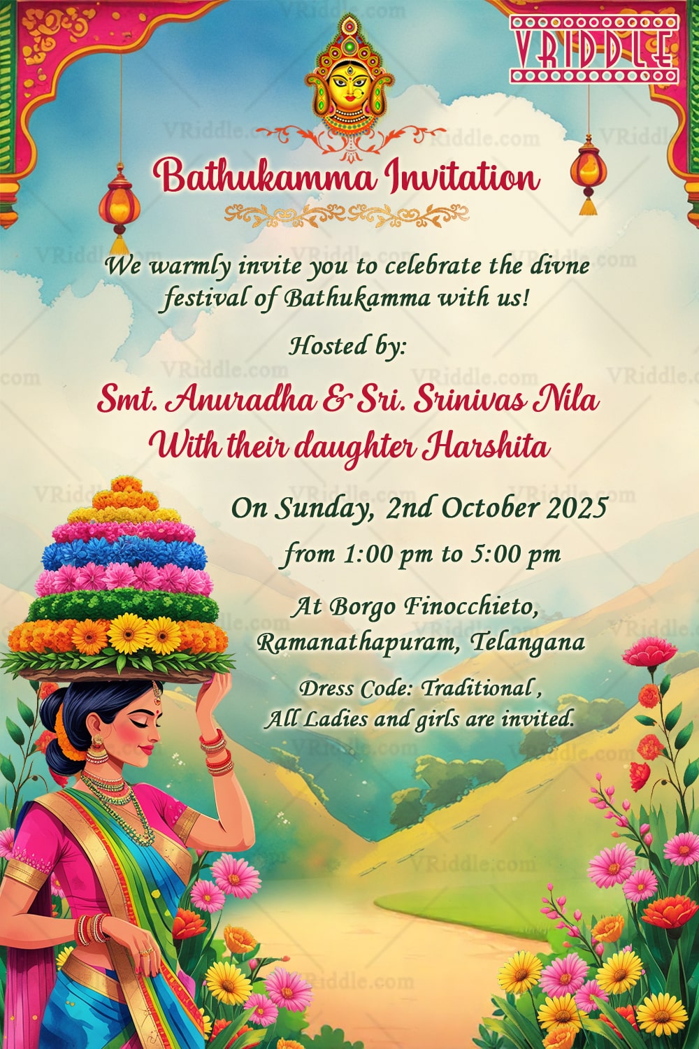 Bathukamma Festival Invitation with Floral Decor & Woman Illustration in cultural traditions