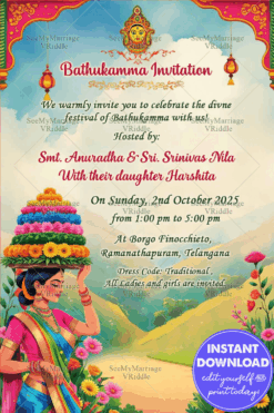 Bathukamma Festival Invitation with Floral Decor & Woman Illustration in cultural traditions