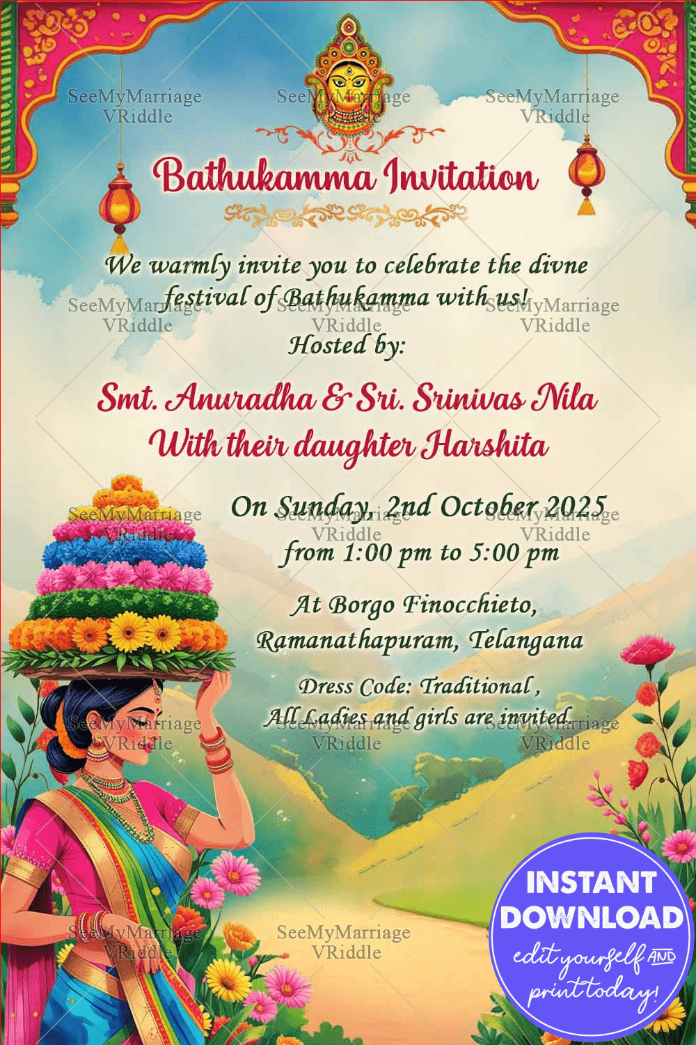 Bathukamma Festival Invitation with Floral Decor & Woman Illustration in cultural traditions