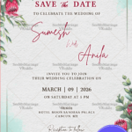 Blooming Red Protea Wedding Save the Date with Eucalyptus Greenery and soft watercolor textures
