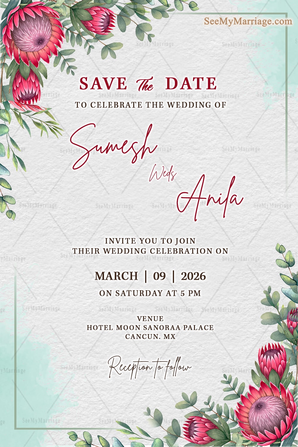 Blooming Red Protea Wedding Save the Date with Eucalyptus Greenery and soft watercolor textures