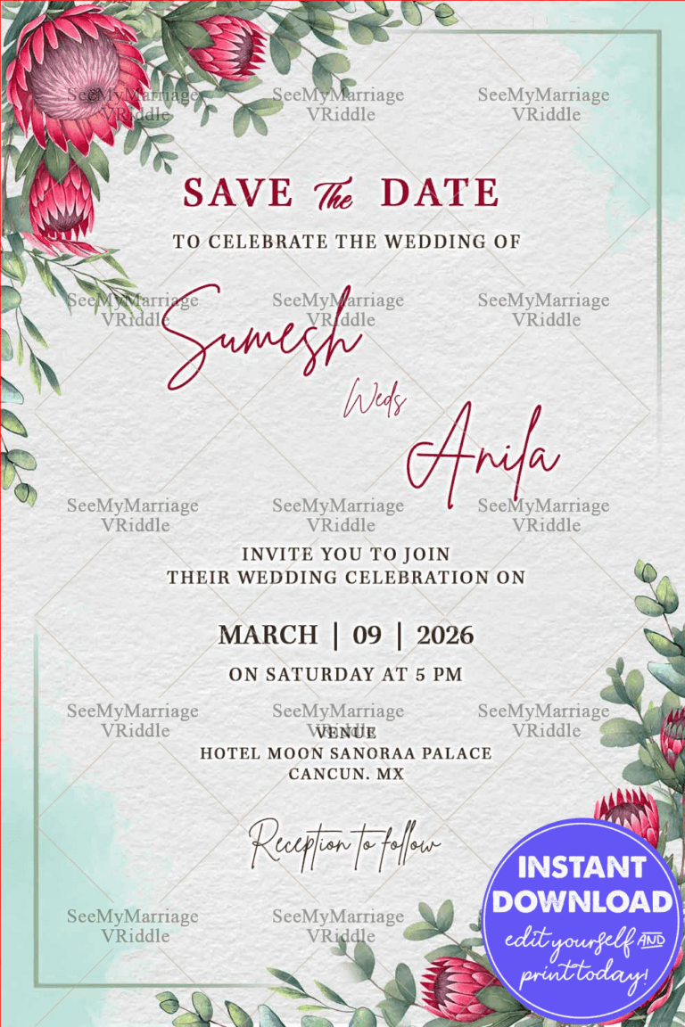 Blooming Red Protea Wedding Save the Date with Eucalyptus Greenery and soft watercolor textures