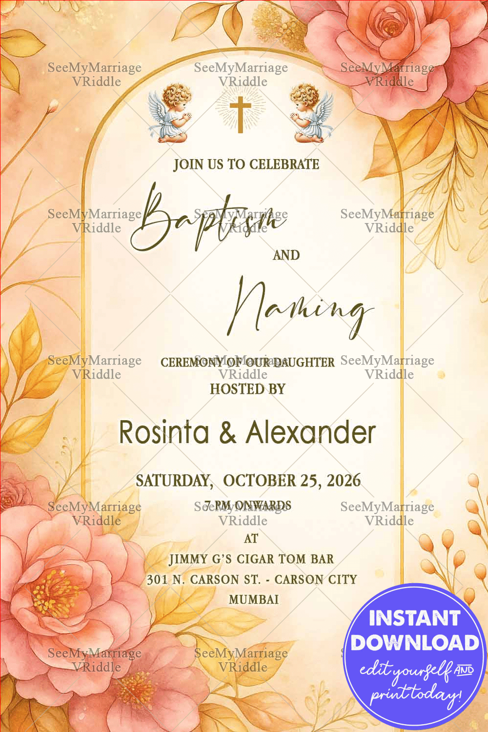 Blush Bloom Baptism and Naming Invitation with Angelic Accents with Pastel Floral and Golden Shade BG