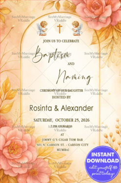 Blush Bloom Baptism and Naming Invitation with Angelic Accents with Pastel Floral and Golden Shade BG