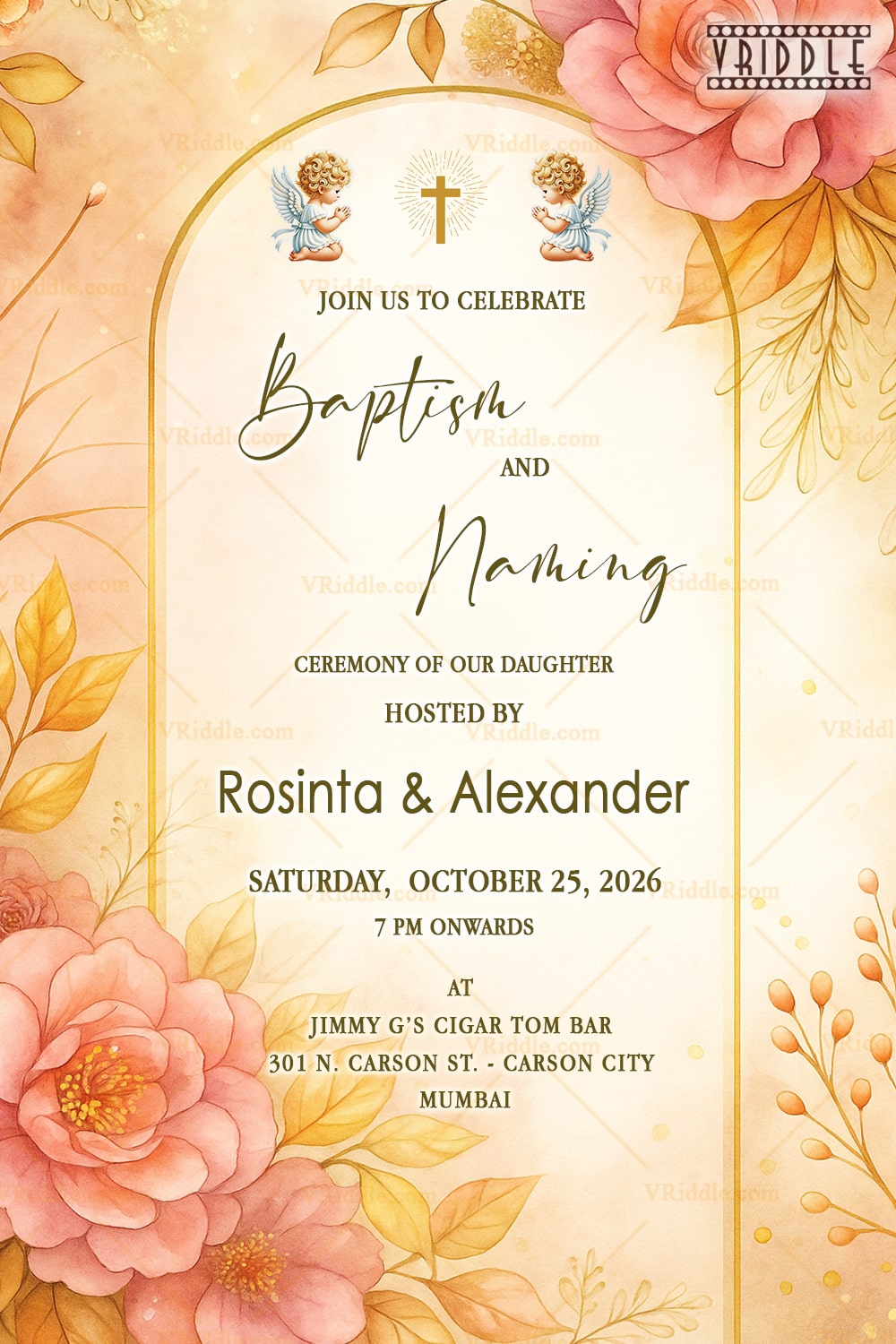 Blush Bloom Baptism and Naming Invitation with Angelic Accents with Pastel Floral and Golden Shade BG