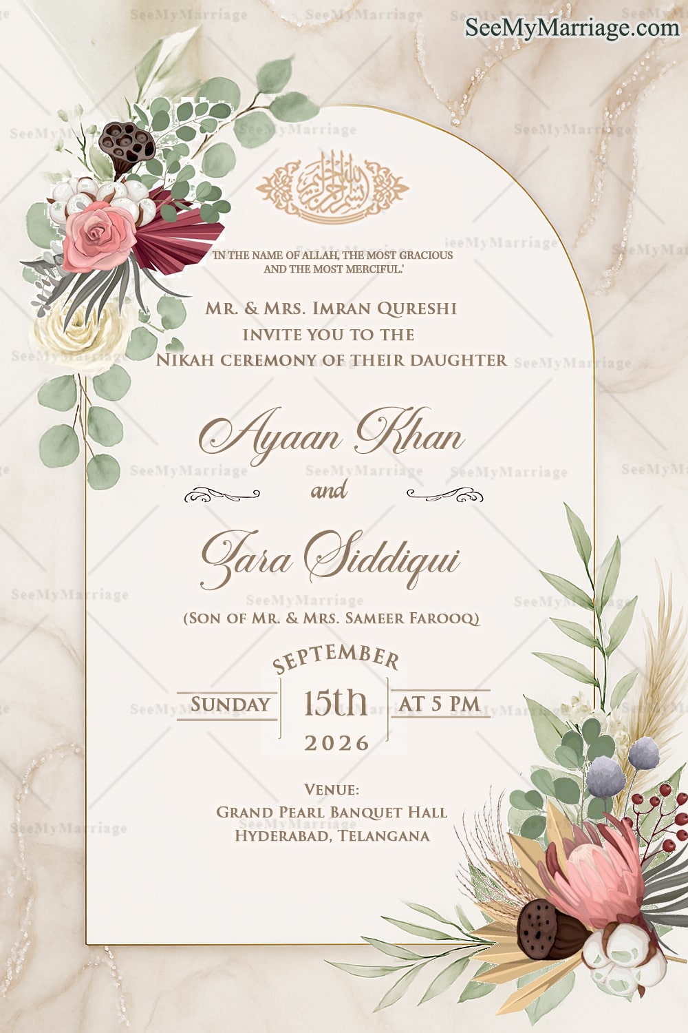 Boho Chic Nikah Invitation with Marble Elegance, Dried Florals, and Subtle Gold Accents