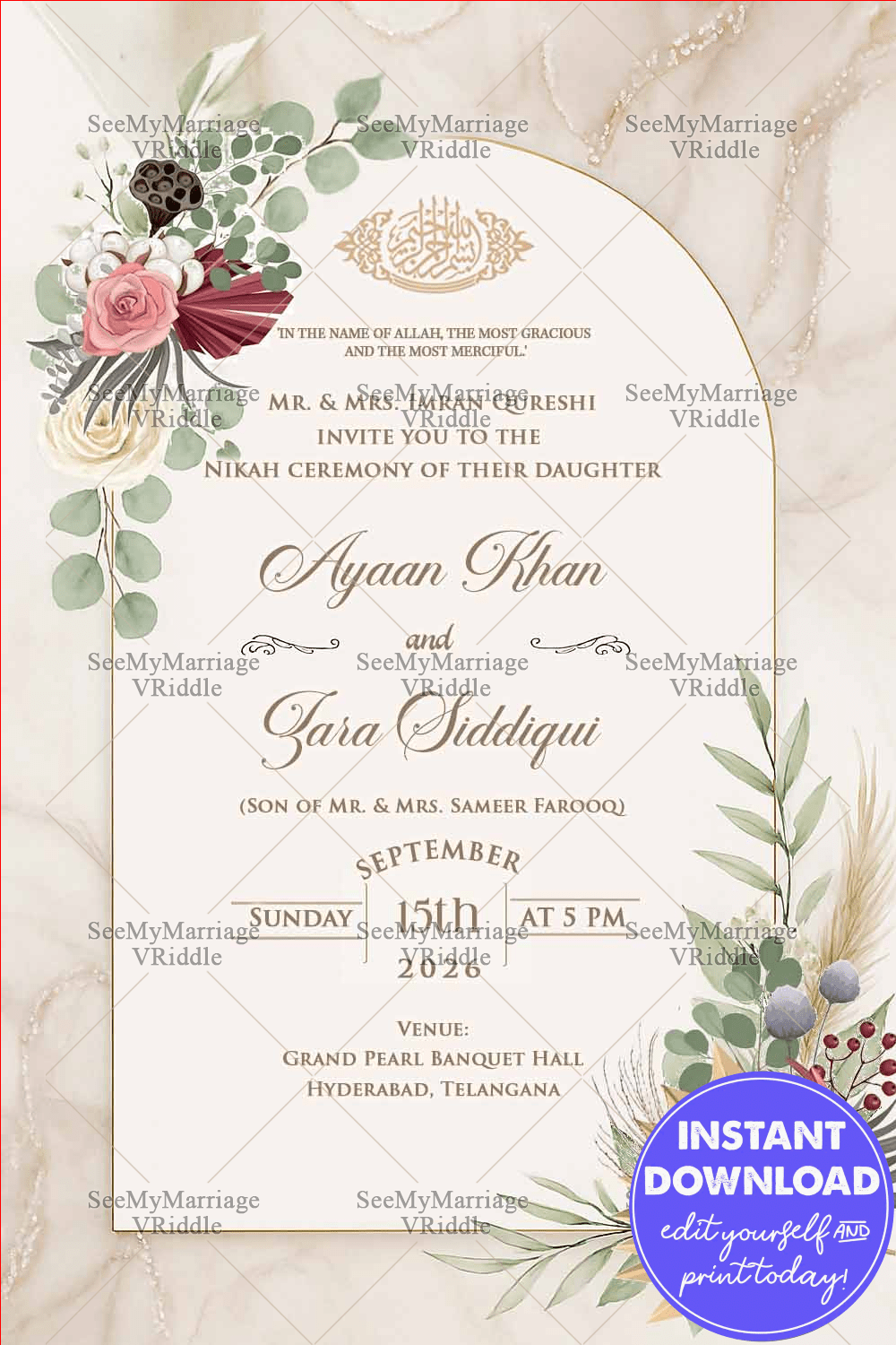 Boho Chic Nikah Invitation with Marble Elegance, Dried Florals, and Subtle Gold Accents