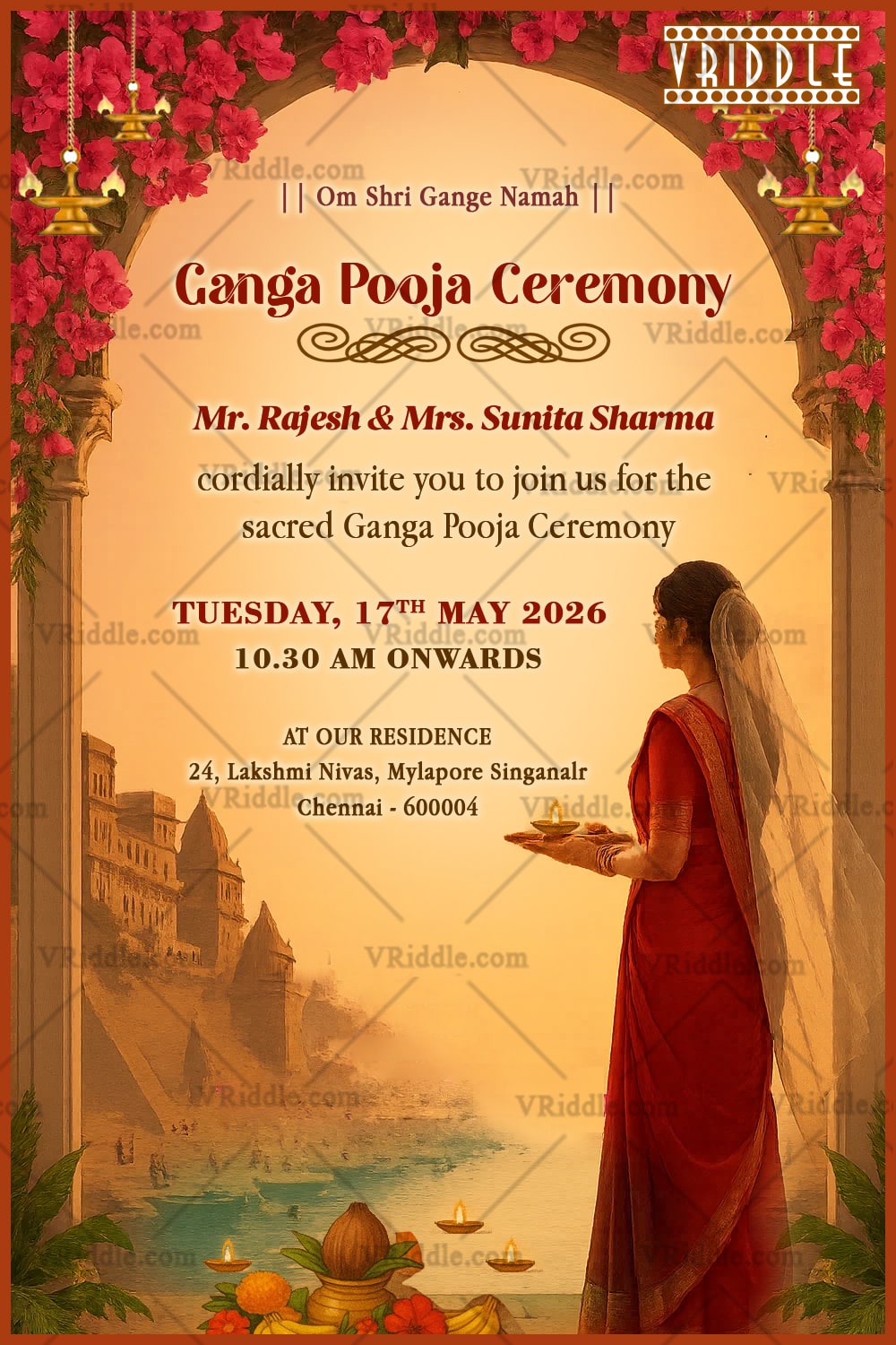 Bougainvillea Bliss Ganga Pooja Ceremony Invitation with Lady Illustration and Sacred River View