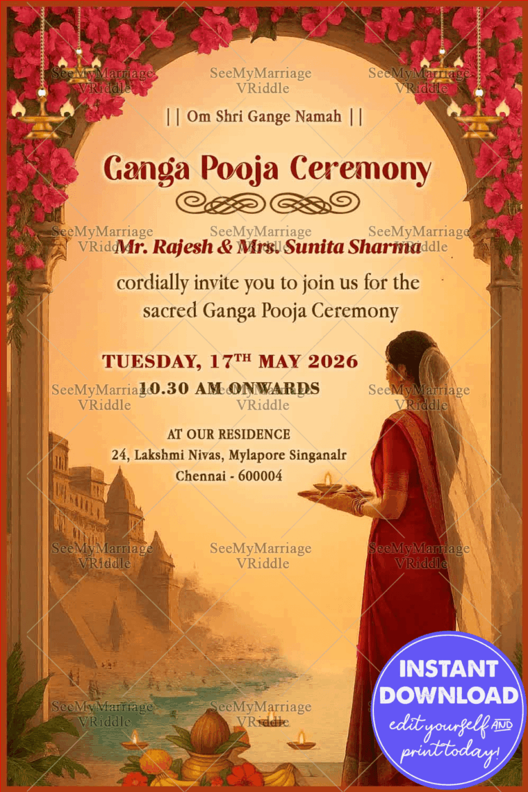 Bougainvillea Bliss Ganga Pooja Ceremony Invitation with Lady Illustration and Sacred River View