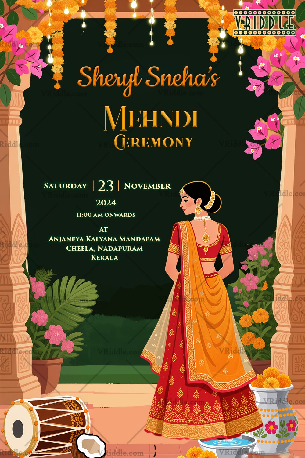 Bridal Mehndi Invitation with South Indian style Illustrated Bride with Traditional Decor