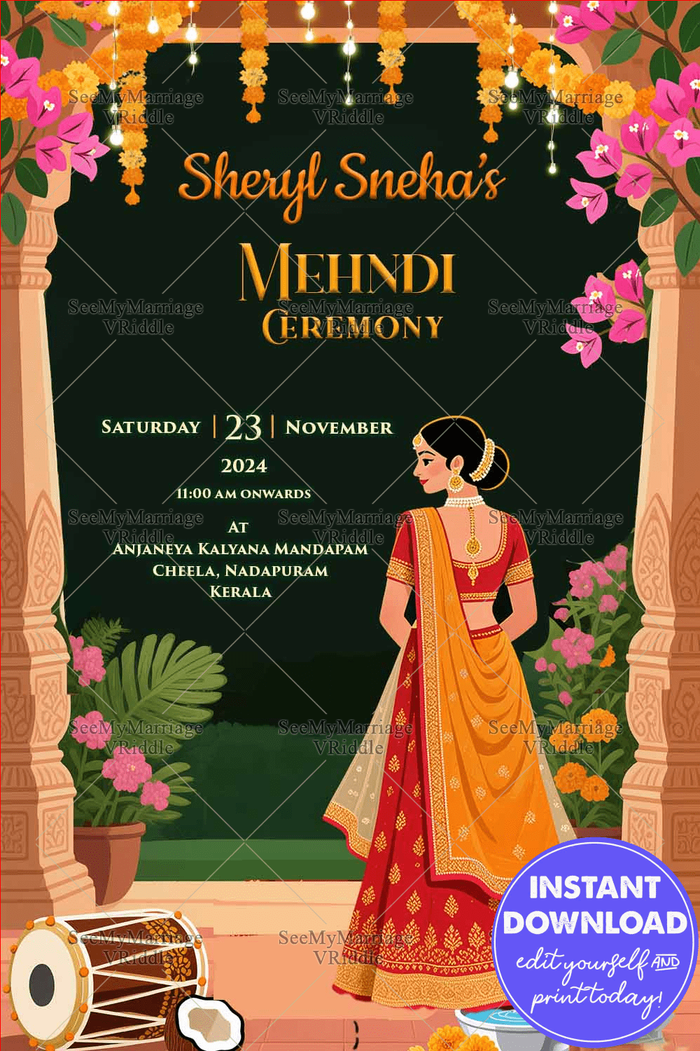 Bridal Mehndi Invitation with South Indian style Illustrated Bride with Traditional Decor