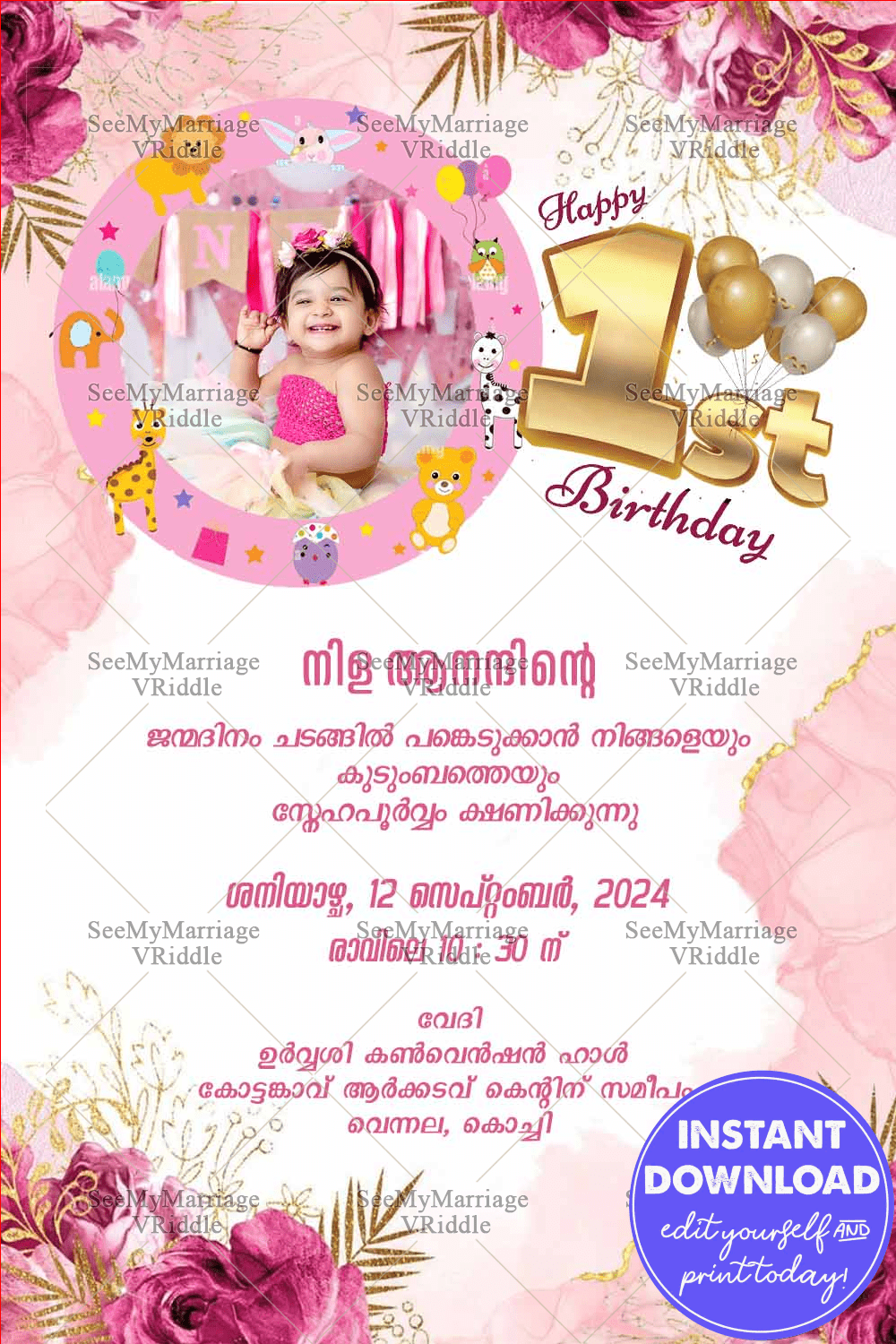 Charming 1st Birthday Malayalam Invitation with Baby Add Photo Frame with Pink Floral and Cute Animal Illustrations