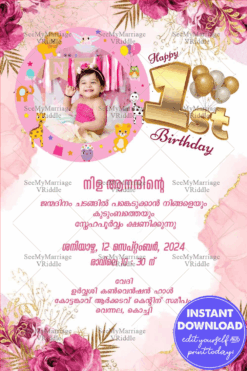 Charming 1st Birthday Malayalam Invitation with Baby Add Photo Frame with Pink Floral and Cute Animal Illustrations