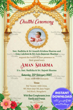 Chatthi Ceremony Invitation with Add Baby Photo Option, Golden Arch & Floral Decor In cream color BG