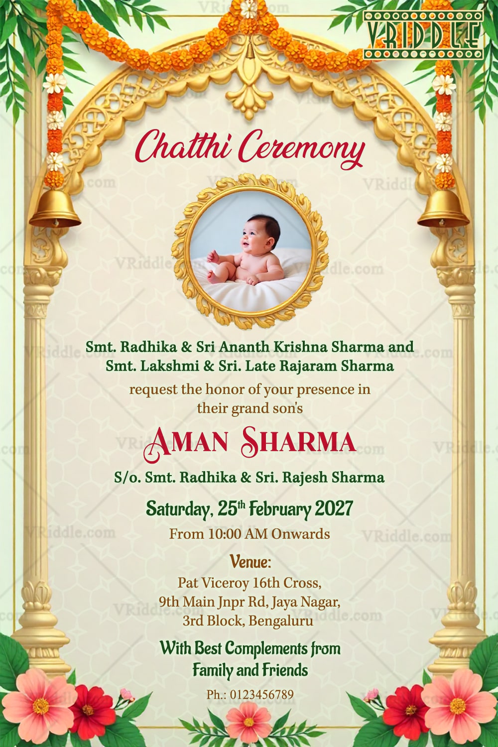 Chatthi Ceremony Invitation with Add Baby Photo Option, Golden Arch & Floral Decor In cream color BG