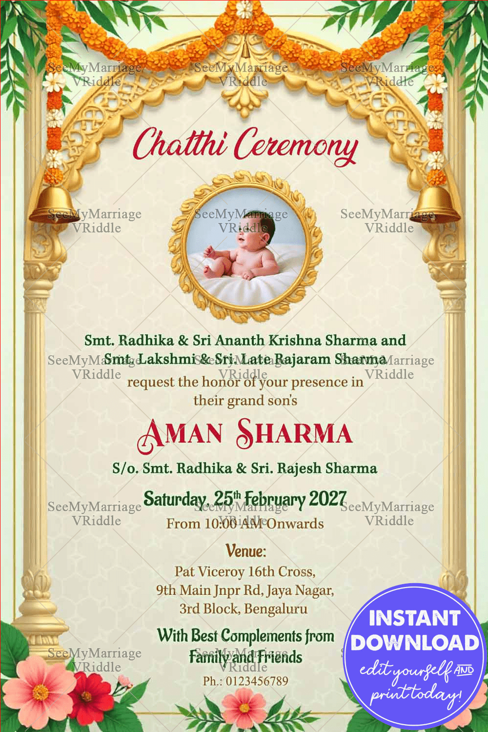 Chatthi Ceremony Invitation with Add Baby Photo Option, Golden Arch & Floral Decor In cream color BG